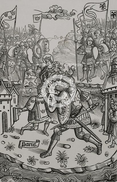 King Arthur fighting the giant, under the protection of the Virgin. 1514, (1877). Creator: Unknown.