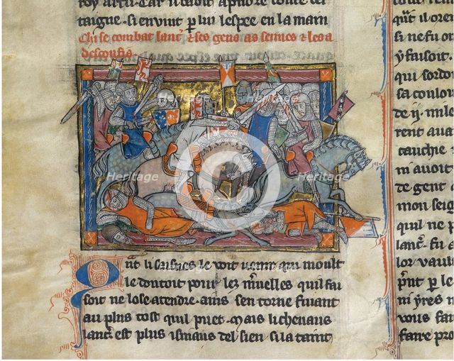 King Arthur fighting the Saxons (from the Rochefoucauld Grail). Artist: Anonymous  