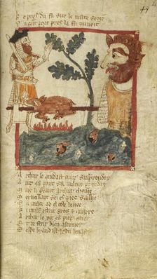 King Arthur finds a giant roasting a pig, mid 14th century. Creator: Wace