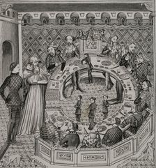 King Arthur’s Round Table, 14th-century miniature, 1877. Creator: Unknown