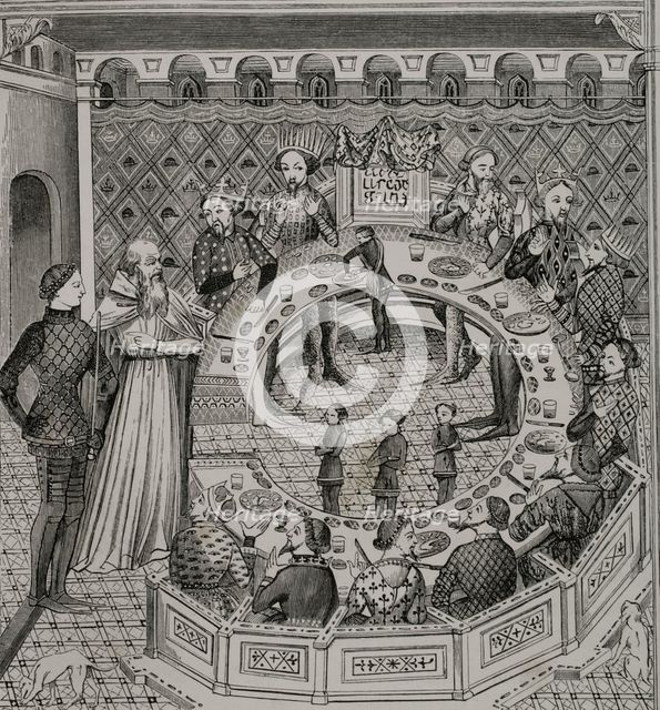 King Arthur’s Round Table, 14th-century miniature, 1877. Creator: Unknown.