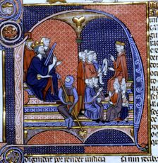 King as judge and two lawyers with their clients, Miniature in Vidal Mayor illuminated manuscr…