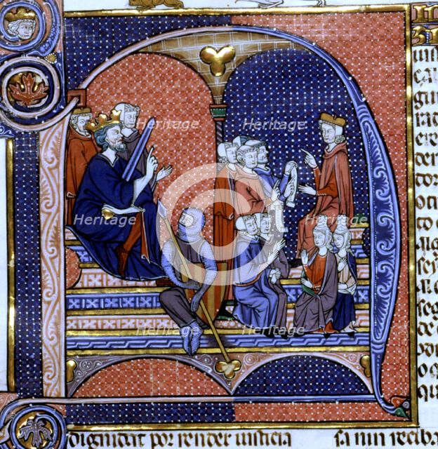 King as judge and two lawyers with their clients, Miniature in 'Vidal Mayor', illuminated manuscr…