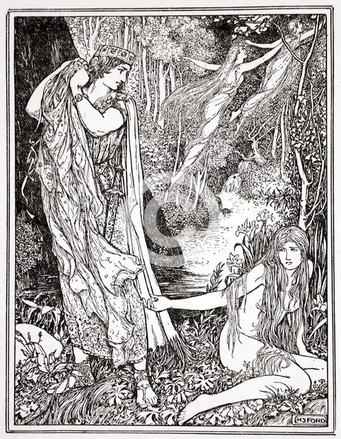 'King Athamas steals Nephele's clothes so that she can't float away with her sister', 1926.  Creator: Henry Justice Ford.