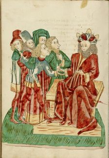 King Avenir Converses with his Courtiers; Barlaam und Josaphat, 1469. Creators: Hans Schilling, Diebolt Lauber