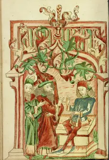 King Avenir and a Doctor come to Josaphat; Barlaam und Josaphat, 1469. Creators: Hans Schilling, Diebolt Lauber
