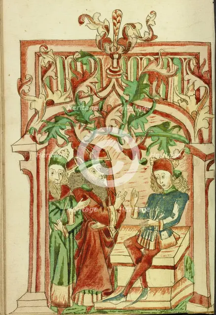 King Avenir and a Doctor come to Josaphat; Barlaam und Josaphat, 1469. Creators: Hans Schilling, Diebolt Lauber.