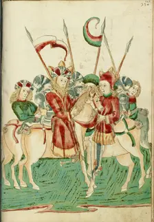 King Avenir and Josaphat Meet on Horseback, with Attendants; Barlaam und Josaphat, 1469. Creators: Hans Schilling, Diebolt Lauber