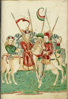 King Avenir and Josaphat Meet on Horseback, with Attendants; Barlaam und Josaphat, 1469. Creators: Hans Schilling, Diebolt Lauber