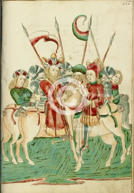 King Avenir and Josaphat Meet on Horseback, with Attendants; Barlaam und Josaphat, 1469. Creators: Hans Schilling, Diebolt Lauber.