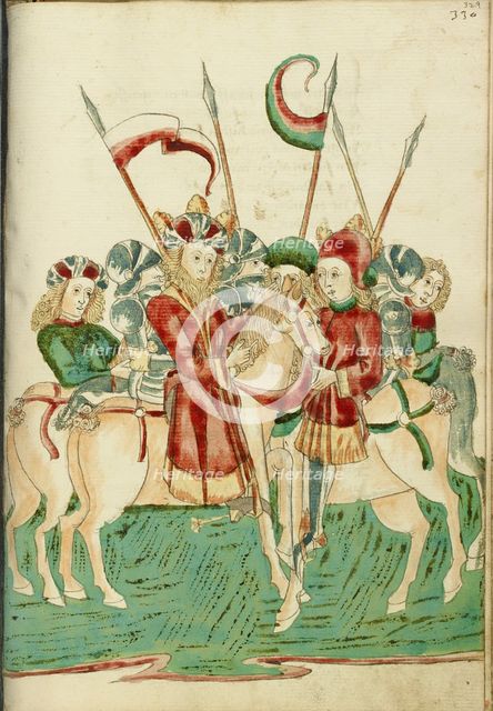 King Avenir and Josaphat Meet on Horseback, with Attendants; Barlaam und Josaphat, 1469. Creators: Hans Schilling, Diebolt Lauber.