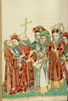 King Avenir and Josaphat amid the Pagan Scholars; Barlaam und Josaphat, 1469. Creators: Hans Schilling, Diebolt Lauber