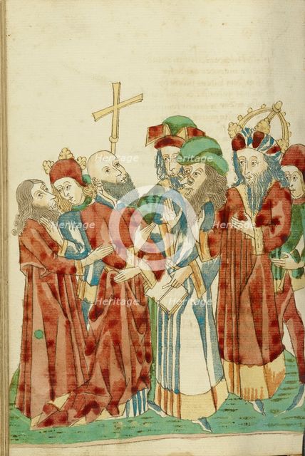 King Avenir and Josaphat amid the Pagan Scholars; Barlaam und Josaphat, 1469. Creators: Hans Schilling, Diebolt Lauber.