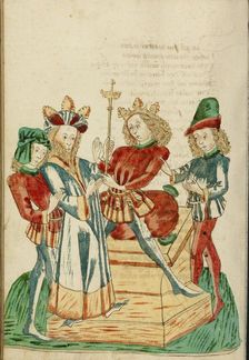 King Avenir Divides his Kingdom with Josaphat; Barlaam und Josaphat, 1469. Creators: Hans Schilling, Diebolt Lauber