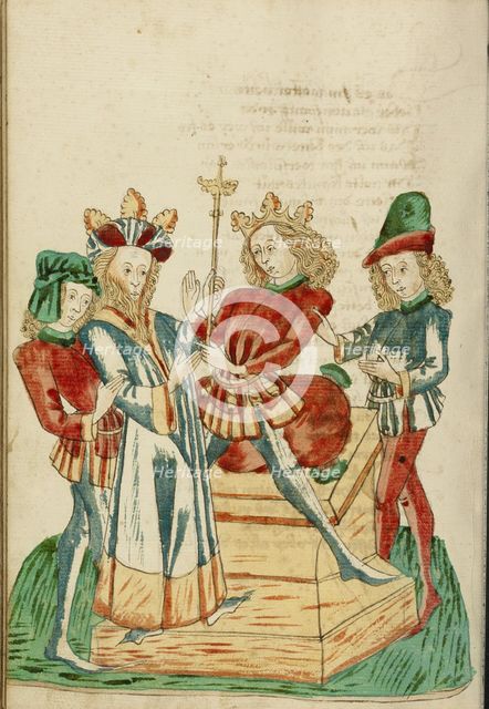 King Avenir Divides his Kingdom with Josaphat; Barlaam und Josaphat, 1469. Creators: Hans Schilling, Diebolt Lauber.