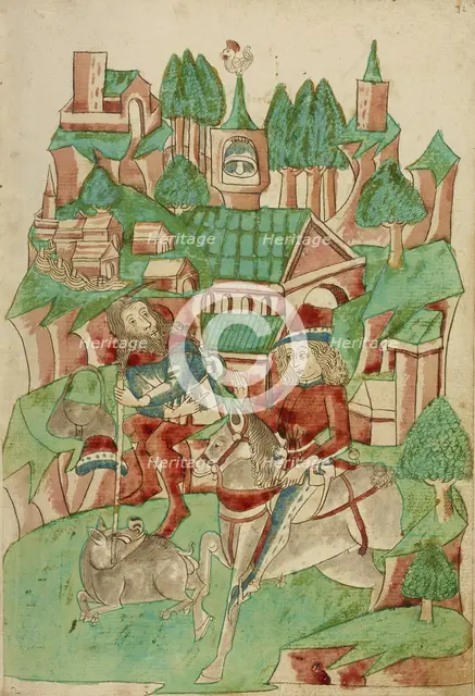 King Avenir Hunting Wild Boar; Barlaam und Josaphat, 1469. Creators: Hans Schilling, Diebolt Lauber.