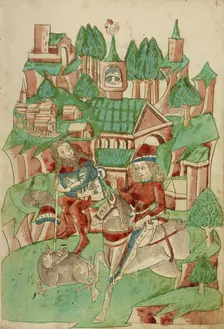 King Avenir Hunting Wild Boar; Barlaam und Josaphat, 1469. Creators: Hans Schilling, Diebolt Lauber