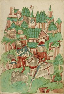 King Avenir Hunting Wild Boar; Barlaam und Josaphat, 1469. Creators: Hans Schilling, Diebolt Lauber