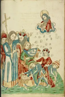 King Avenir, Josaphat, and Nachor Behold Hour Manna Fell in the Desert; Barlaam und Josaphat, 1469. Creators: Hans Schilling, Diebolt Lauber