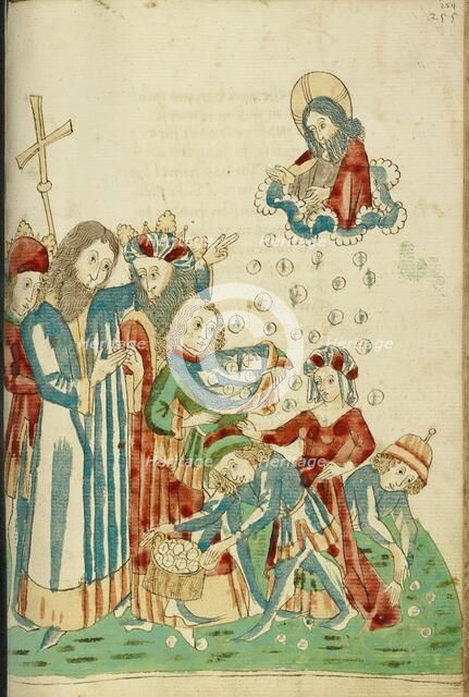King Avenir, Josaphat, and Nachor Behold Hour Manna Fell in the Desert; Barlaam und Josaphat, 1469. Creators: Hans Schilling, Diebolt Lauber.