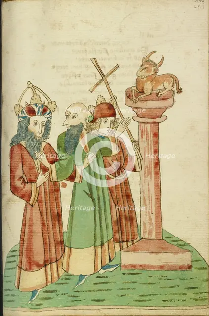 King Avenir, Josaphat, and Nachor Behold the Golden Calf; Barlaam und Josaphat, 1469. Creators: Hans Schilling, Diebolt Lauber.