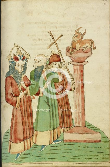 King Avenir, Josaphat, and Nachor Behold the Golden Calf; Barlaam und Josaphat, 1469. Creators: Hans Schilling, Diebolt Lauber.