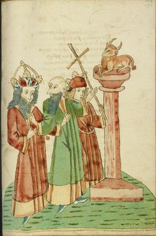 King Avenir, Josaphat, and Nachor Behold the Golden Calf; Barlaam und Josaphat, 1469. Creators: Hans Schilling, Diebolt Lauber