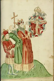King Avenir, Josaphat, and Nachor Behold the Throne of Grace in Heaven; Barlaam und Josaphat, 1469. Creators: Hans Schilling, Diebolt Lauber