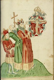King Avenir, Josaphat, and Nachor Behold the Throne of Grace in Heaven; Barlaam und Josaphat, 1469. Creators: Hans Schilling, Diebolt Lauber