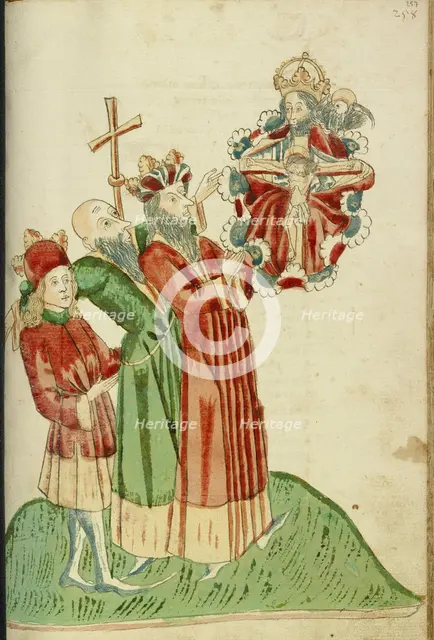 King Avenir, Josaphat, and Nachor Behold the Throne of Grace in Heaven; Barlaam und Josaphat, 1469. Creators: Hans Schilling, Diebolt Lauber.