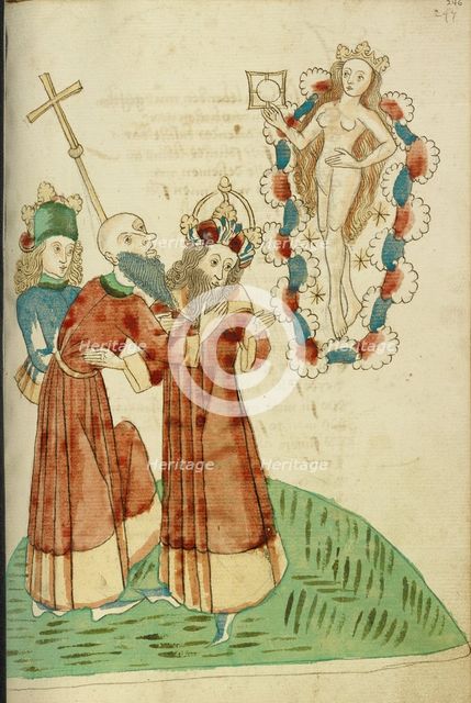 King Avenir, Josaphat, and a Pagan Scholar Behold the Personification of Venus, 1469. Creators: Hans Schilling, Diebolt Lauber.
