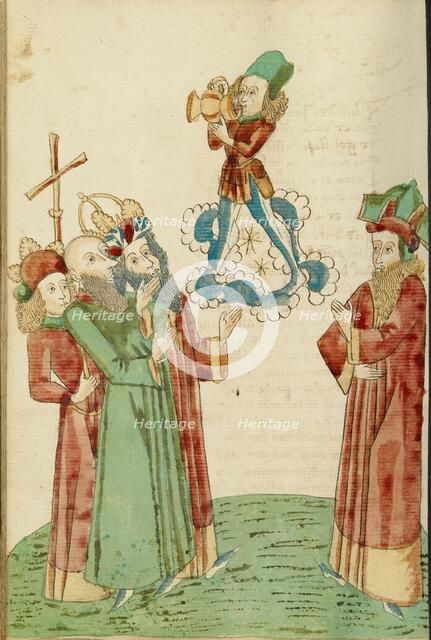 King Avenir, Josaphat, and the Pagan Scholars Behold an Image of Bacchus, 1469. Creators: Hans Schilling, Diebolt Lauber.