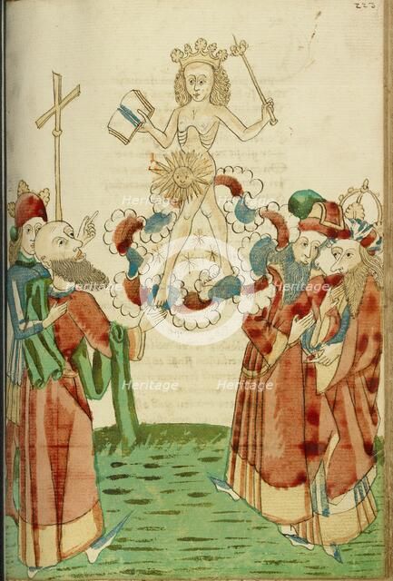 King Avenir, Josaphat and the Pagan Scholars Behold the Sun God in the Clouds, 1469. Creators: Hans Schilling, Diebolt Lauber.