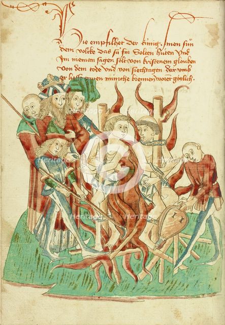 King Avenir Ordering the Burning of Two Monks in the Presence of his Son Josaphat, 1469. Creators: Hans Schilling, Diebolt Lauber.