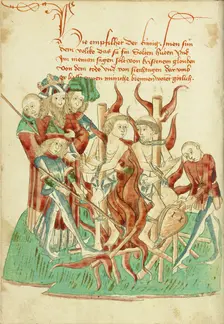 King Avenir Ordering the Burning of Two Monks in the Presence of his Son Josaphat, 1469. Creators: Hans Schilling, Diebolt Lauber