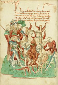 King Avenir Ordering the Burning of Two Monks in the Presence of his Son Josaphat, 1469. Creators: Hans Schilling, Diebolt Lauber