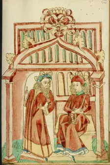 King Avenir Leaving the Enthroned Josaphat; Barlaam und Josaphat, 1469. Creators: Hans Schilling, Diebolt Lauber