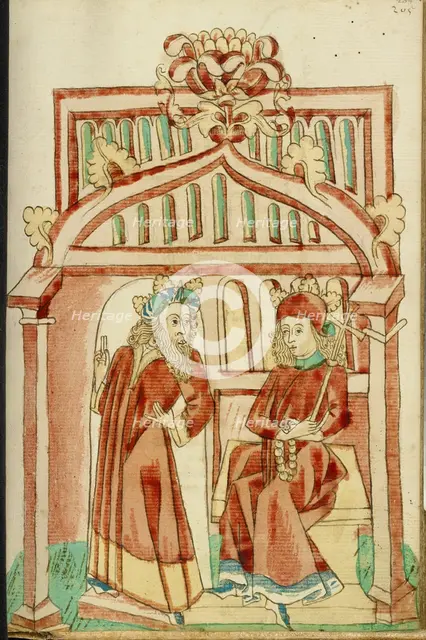 King Avenir Leaving the Enthroned Josaphat; Barlaam und Josaphat, 1469. Creators: Hans Schilling, Diebolt Lauber.