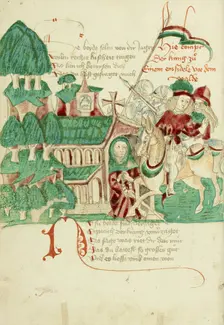 King Avenir Meeting the Hermit; Barlaam und Josaphat, 1469. Creators: Hans Schilling, Diebolt Lauber