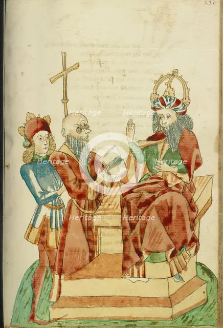 King Avenir Speaks to a Pagan Scholar in Josaphat's Presence; Barlaam und Josaphat, 1469. Creators: Hans Schilling, Diebolt Lauber.