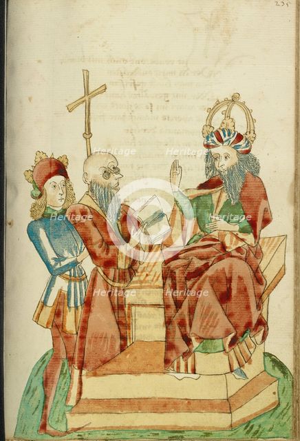 King Avenir Speaks to a Pagan Scholar in Josaphat's Presence; Barlaam und Josaphat, 1469. Creators: Hans Schilling, Diebolt Lauber.