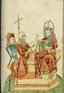 King Avenir Speaks to a Pagan Scholar in Josaphat's Presence; Barlaam und Josaphat, 1469. Creators: Hans Schilling, Diebolt Lauber