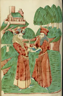 King Avenir Receives Advice from Theodas; Barlaam und Josaphat, 1469. Creators: Hans Schilling, Diebolt Lauber