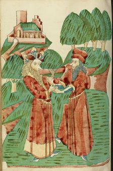 King Avenir Receives Advice from Theodas; Barlaam und Josaphat, 1469. Creators: Hans Schilling, Diebolt Lauber