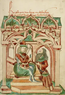 King Avenir Receiving Barlaam's Precious Gem; Barlaam und Josaphat, 1469. Creators: Hans Schilling, Diebolt Lauber