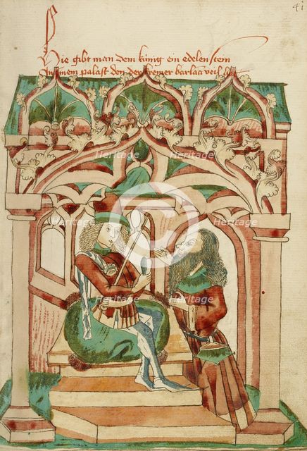 King Avenir Receiving Barlaam's Precious Gem; Barlaam und Josaphat, 1469. Creators: Hans Schilling, Diebolt Lauber.