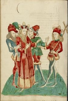 King Avenir with Courtiers Converses with Josaphat; Barlaam und Josaphat, 1469. Creators: Hans Schilling, Diebolt Lauber