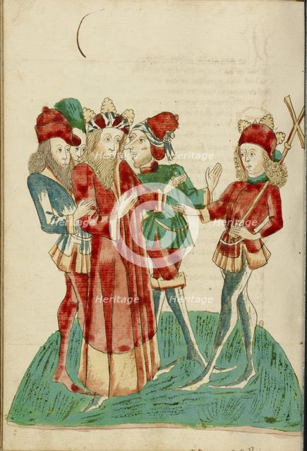 King Avenir with Courtiers Converses with Josaphat; Barlaam und Josaphat, 1469. Creators: Hans Schilling, Diebolt Lauber.