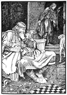King Canute and Earl Ulf quarrel over chess, Roskilde, Denmanrk, 1026 (1913). Creator: Morris Meredith Williams