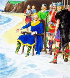 King Canute failing to hold back the waves, early 11th century (c1900). Creator: Trelleek